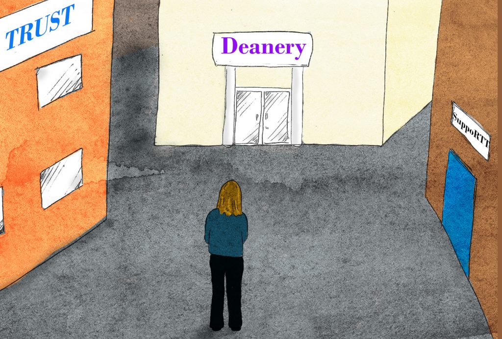 A person stands between 3 buildings marked Trust Deanery and SuppoRTT